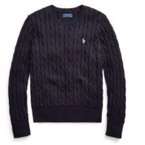 EUC. Size Small (7) Polo Ralph Lauren Girls Navy Cable Knit Sweater w/Pink Pony